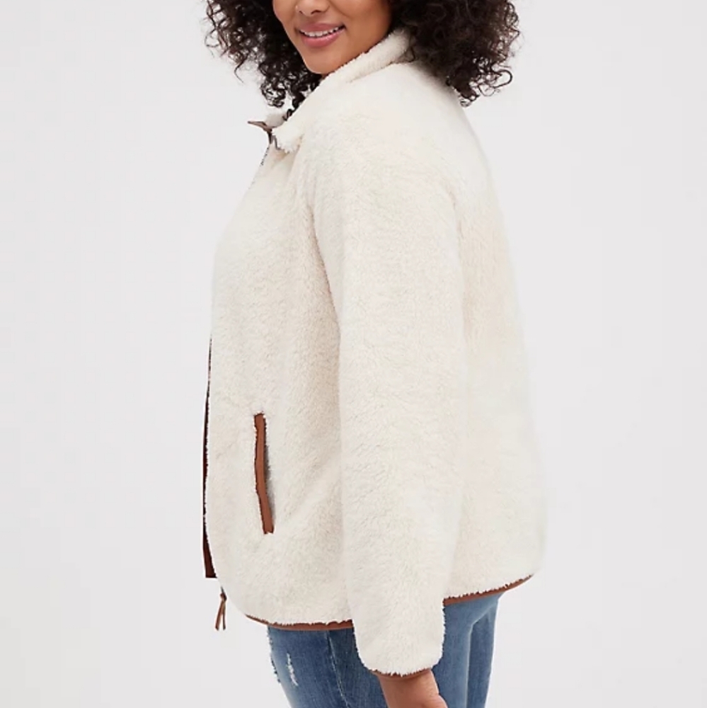 Torrid Faux Shearling Zip Front Trim Contrast Jacket - Picture 3 of 9